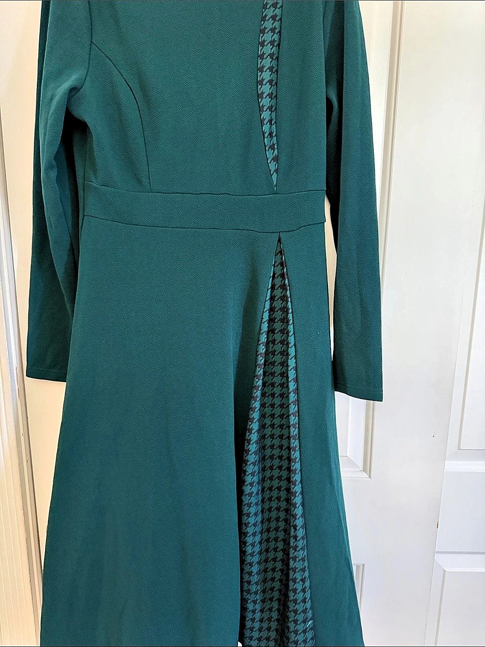 SHEIN Lady Houndstooth Print Long Sleeve Midi Dress Green Midi Dress